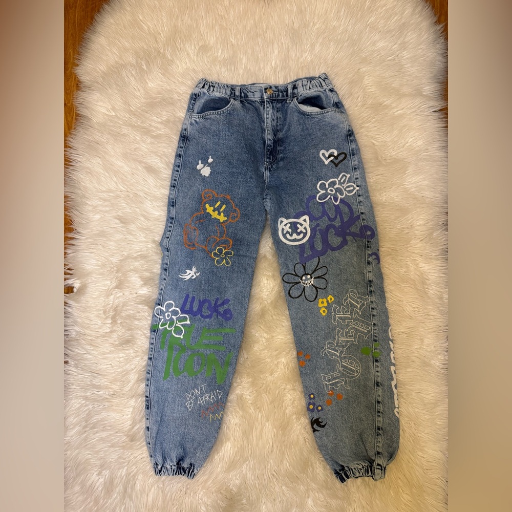 Bershka Blue Graphic Jogger Jeans